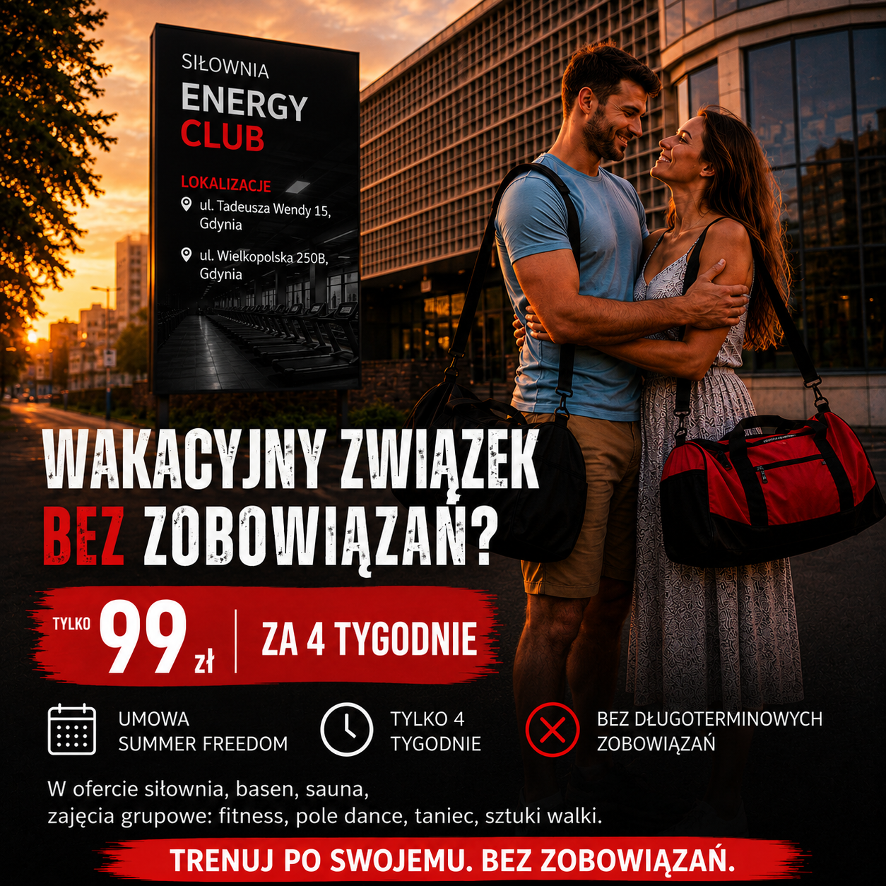 Baner promocyjny Energy Club w Gdyni – umowa Summer Freedom bez zobowiązań, siłownia, basen, sauna i zajęcia grupowe.