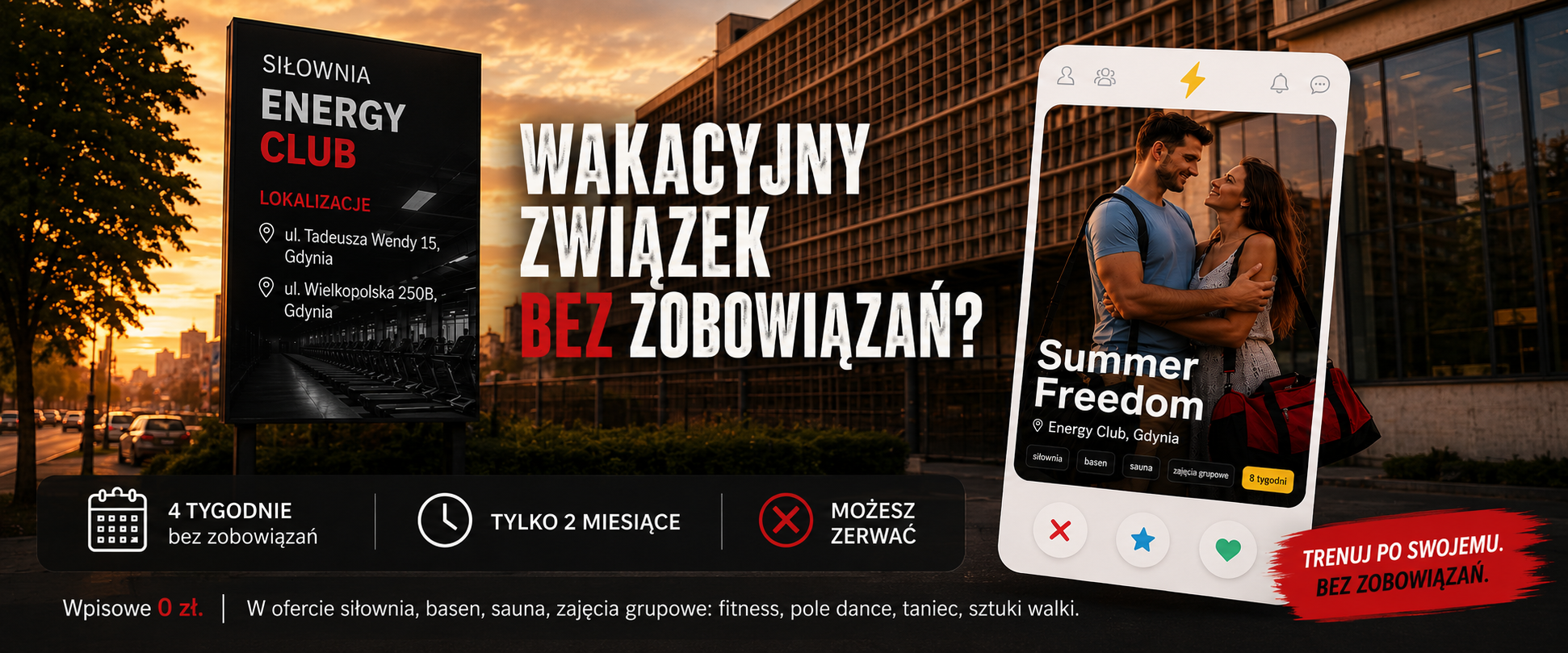 Baner promocyjny Energy Club w Gdyni – umowa Summer Freedom bez zobowiązań, siłownia, basen, sauna i zajęcia grupowe.